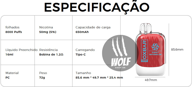 Detalhando as Especificações do Pod Descartável OXBAR G8000 na Wolf