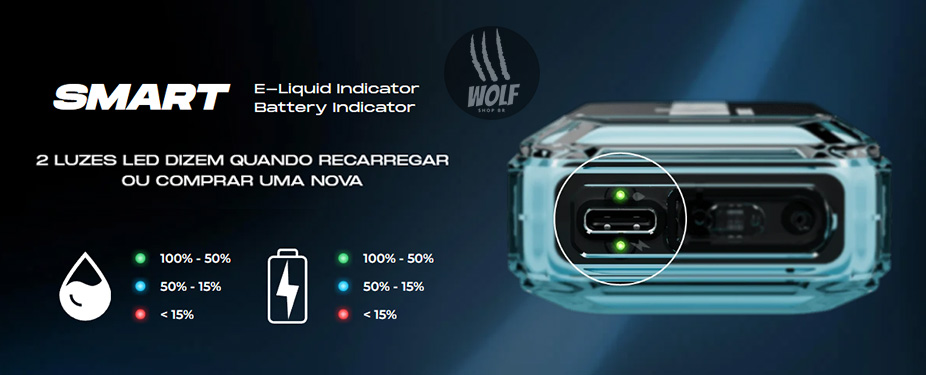 Bateria e Indicador do Pod Descartável NIKBAR 12000 Puffs na Wolf