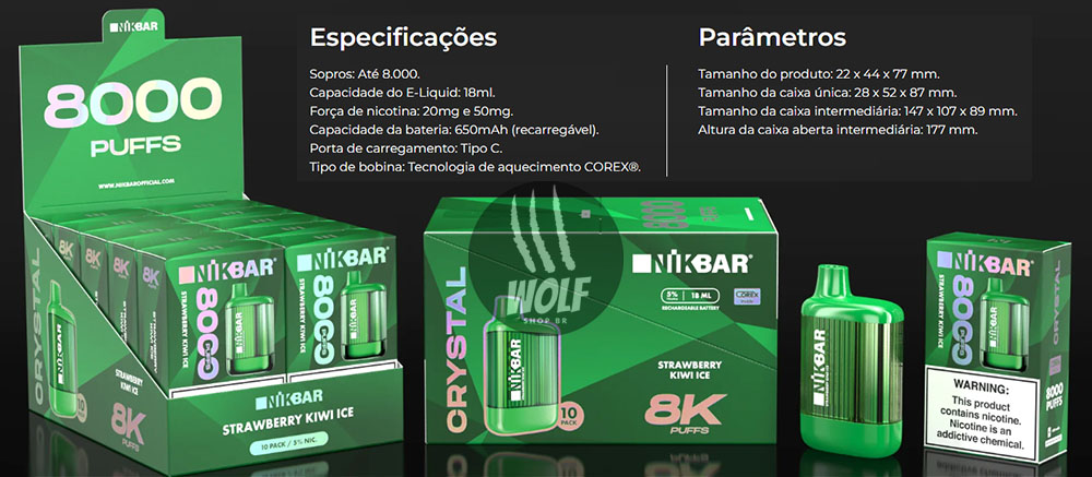 Especificações do Pod Descartável NIKBAR 8000 Puffs na Wolf