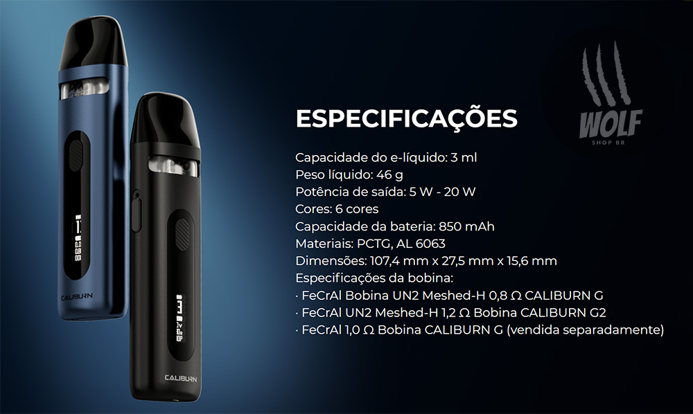 Especificações do Pod System UWELL Caliburn X na Wolf