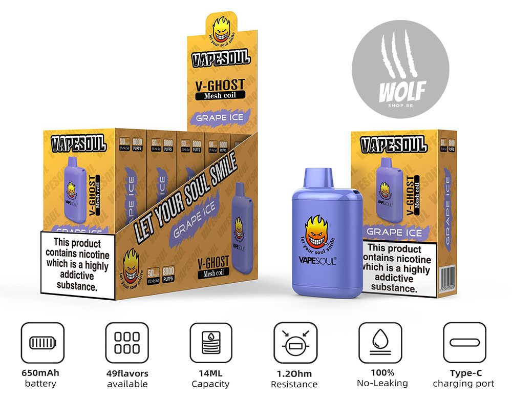 Informações VapeSoul V-Ghost com 6500 Puffs na Wolf