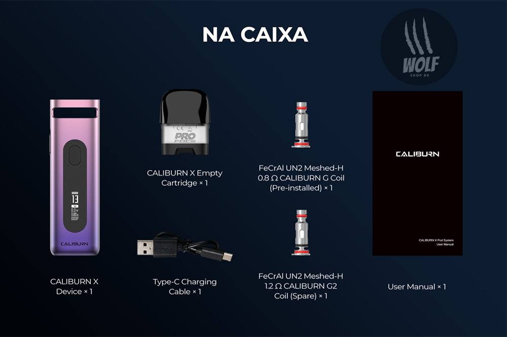 Itens do Pod System UWELL Caliburn X na Wolf