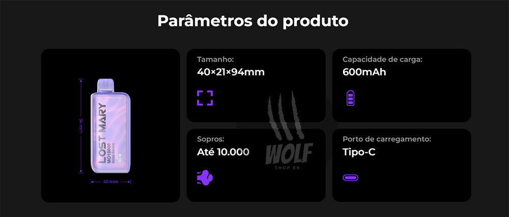 Parâmetros do Pod Descartável Lost Mary MO10000 na Wolf